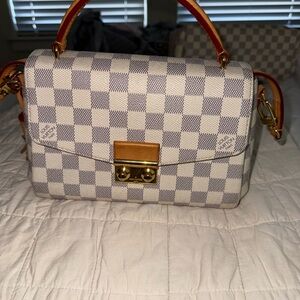 Louis Vuitton White and Blue Checkered Crossbody Bag with Gold Clasp